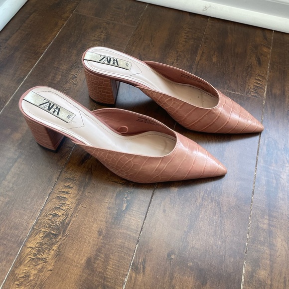 Zara Croc Pink Pointed Toe Mules - Size 40 (9.5) - Picture 7 of 8